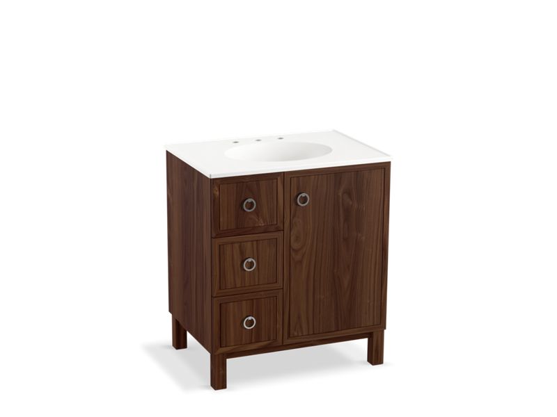 KOHLER K-99504-LGL-1WE Jacquard 30" bathroom vanity cabinet with furniture legs, 1 door and 3 drawers on left
