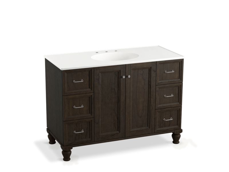 KOHLER K-99522-LGSD-1WC Damask 48" bathroom vanity cabinet with furniture legs, 2 doors and 6 drawers, split top drawers