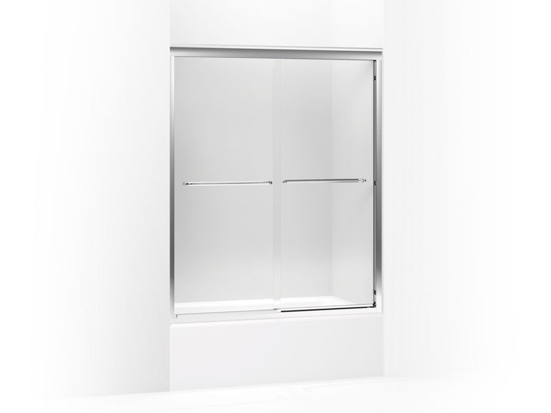 KOHLER 702211-L-SHP Fluence Sliding Bath Door, 63" H X 49 - 52" W, With 1/4" Thick Crystal Clear Glass in Bright Polished Silver