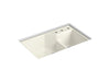 KOHLER K-6411-3 Indio 33" x 21-1/8" x 9-3/4" Smart Divide undermount double-bowl large/small workstation kitchen sink with three-hole faucet holes