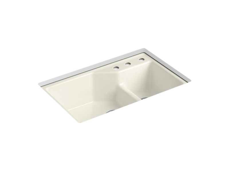 KOHLER K-6411-3 Indio 33" x 21-1/8" x 9-3/4" Smart Divide undermount double-bowl large/small workstation kitchen sink with three-hole faucet holes