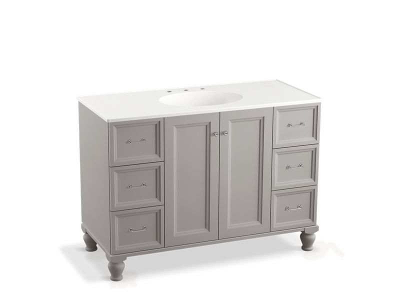 KOHLER K-99522-LGSD-1WT Damask 48" bathroom vanity cabinet with furniture legs, 2 doors and 6 drawers, split top drawers