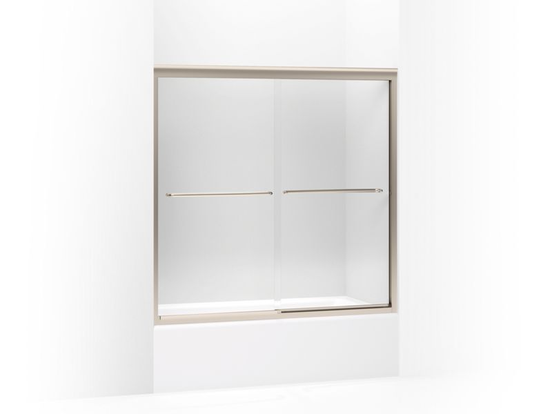 KOHLER 702200-L-ABV Fluence Sliding Bath Door, 58-5/16" H X 56-5/8 - 59-5/8" W, With 1/4" Thick Crystal Clear Glass in Anodized Brushed Bronze