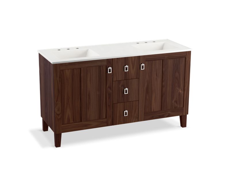 KOHLER K-99537-LGSD-1WE Poplin 60" bathroom vanity cabinet with legs, 2 doors and 3 drawers, split top drawer