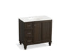 KOHLER K-99520-LGL-1WC Damask 36" bathroom vanity cabinet with furniture legs, 1 door and 3 drawers on left