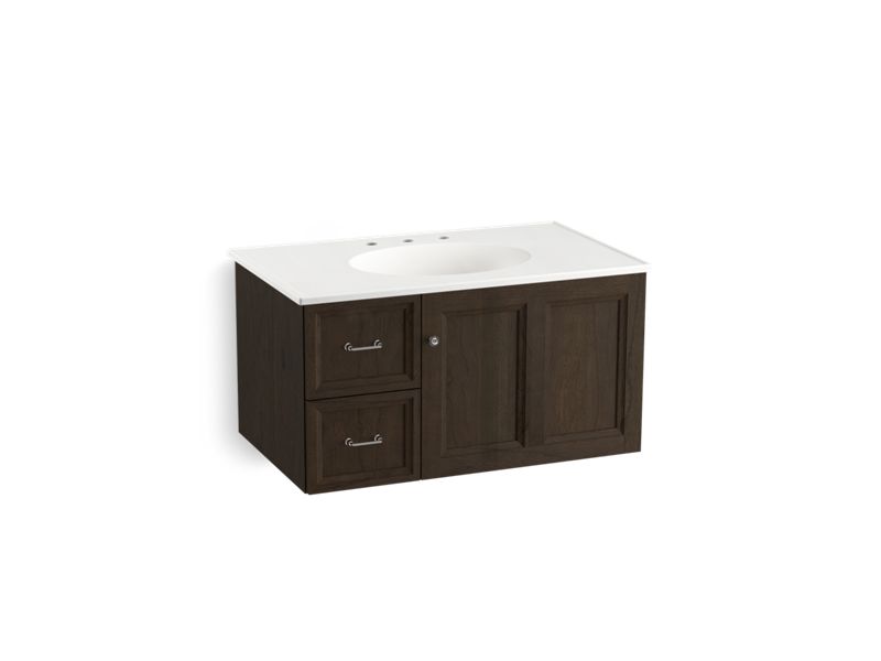 KOHLER K-99520-L-1WC Damask 36" wall-hung bathroom vanity cabinet with 1 door and 2 drawers on left