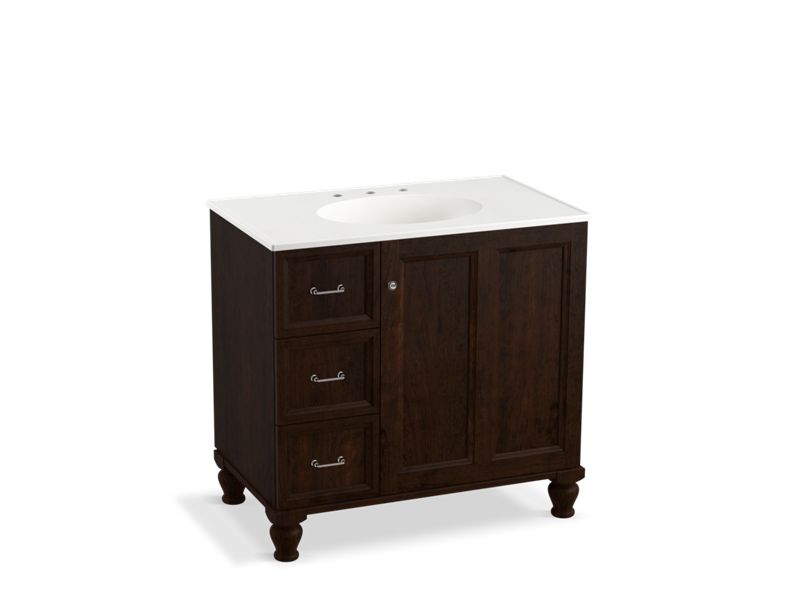 KOHLER K-99520-LGL-1WB Damask 36" bathroom vanity cabinet with furniture legs, 1 door and 3 drawers on left