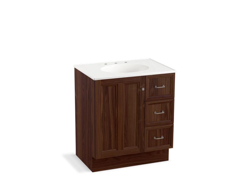 KOHLER K-99517-TKR-1WE Damask 30" bathroom vanity cabinet with toe kick, 1 door and 3 drawers on right