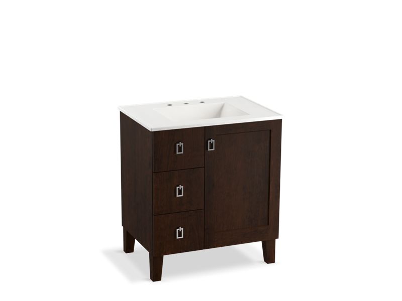 KOHLER K-99530-LGL-1WB Poplin 30" bathroom vanity cabinet with legs, 1 door and 3 drawers on left
