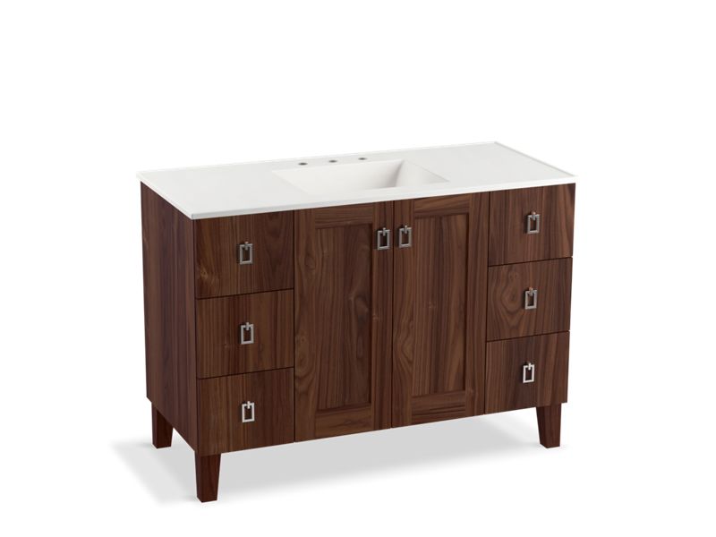 KOHLER K-99535-LGSD-1WE Poplin 48" bathroom vanity cabinet with legs, 2 doors and 6 drawers, split top drawers