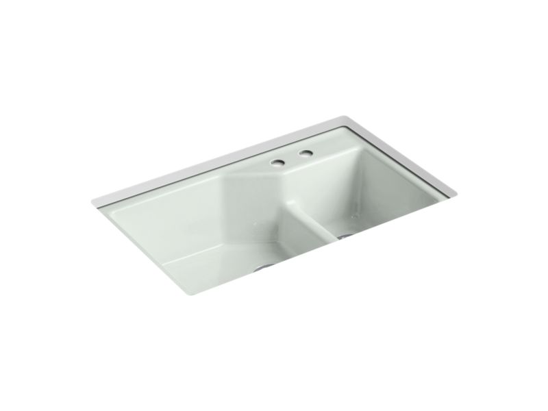 KOHLER K-6411-2 Indio 33" x 21-1/8" x 9-3/4" Smart Divide undermount large/small double-bowl workstation kitchen sink...