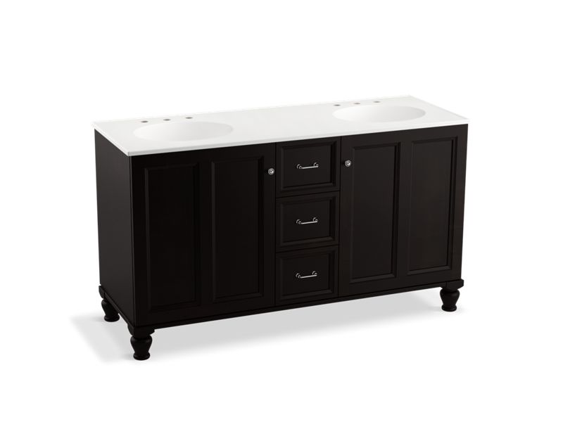 KOHLER K-99524-LGSD-1WU Damask 60" bathroom vanity cabinet with furniture legs, 2 doors and 3 drawers, split top drawer