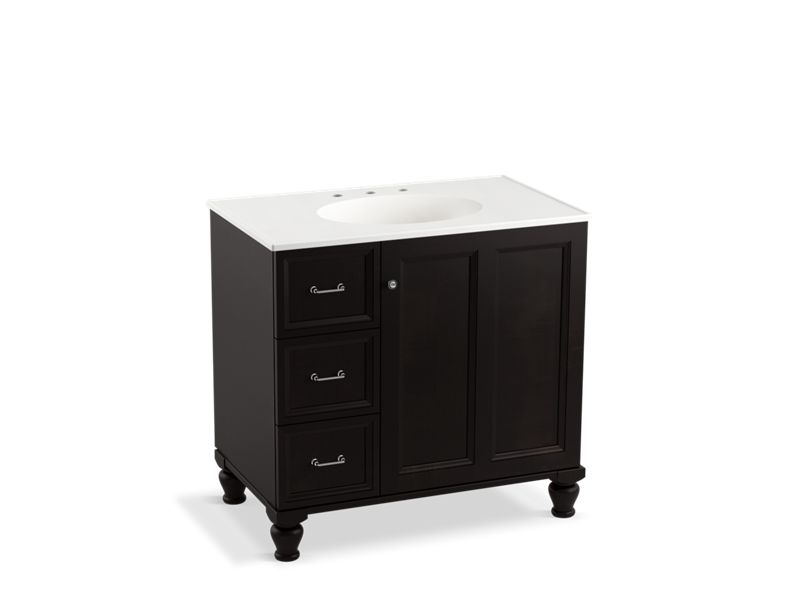 KOHLER K-99520-LGL-1WU Damask 36" bathroom vanity cabinet with furniture legs, 1 door and 3 drawers on left