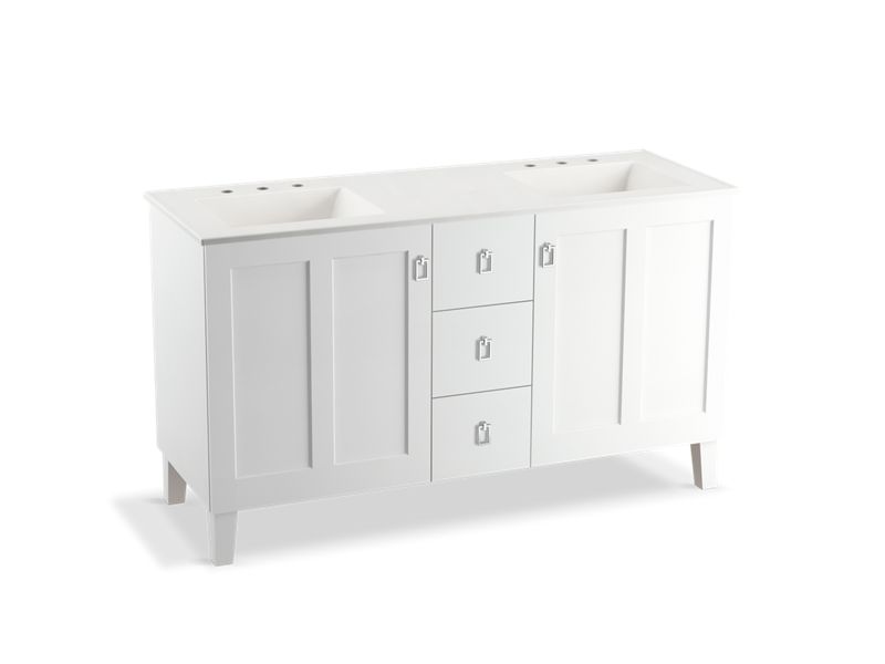 KOHLER K-99537-LGSD-1WA Poplin 60" bathroom vanity cabinet with legs, 2 doors and 3 drawers, split top drawer