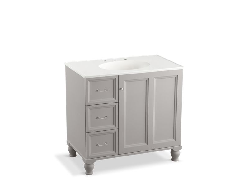 KOHLER K-99520-LGL-1WT Damask 36" bathroom vanity cabinet with furniture legs, 1 door and 3 drawers on left