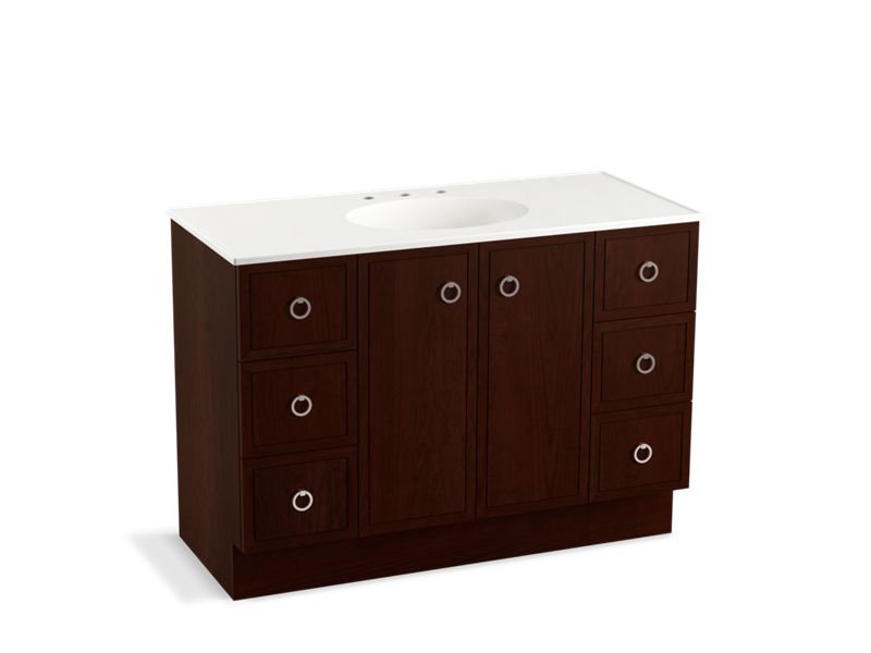 KOHLER K-99509-TKSD-1WG Jacquard 48" bathroom vanity cabinet with toe kick, 2 doors and 6 drawers, split top drawers