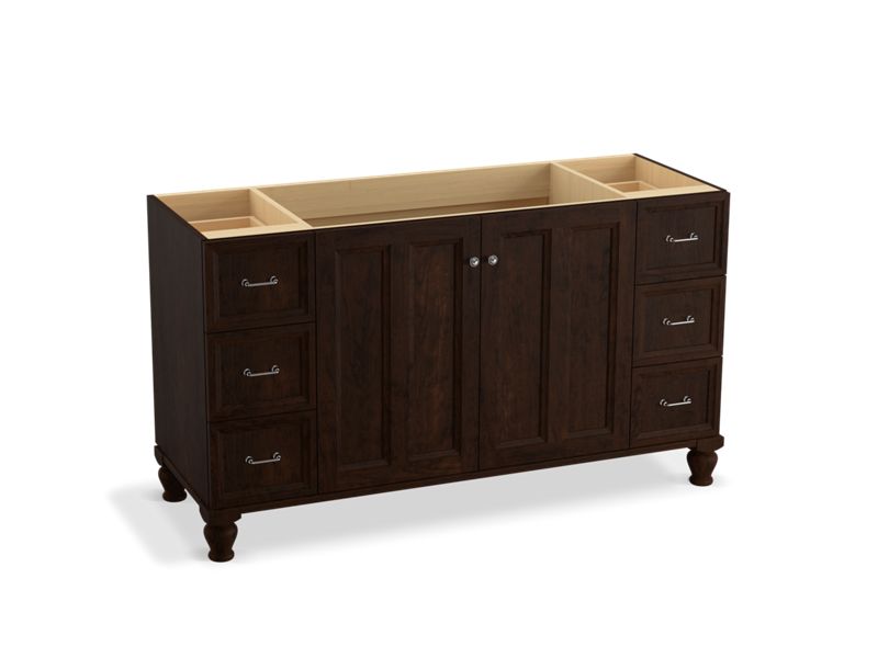 KOHLER K-99523-LGSD-1WB Damask 60" bathroom vanity cabinet with furniture legs, 2 doors and 6 drawers, split top drawers