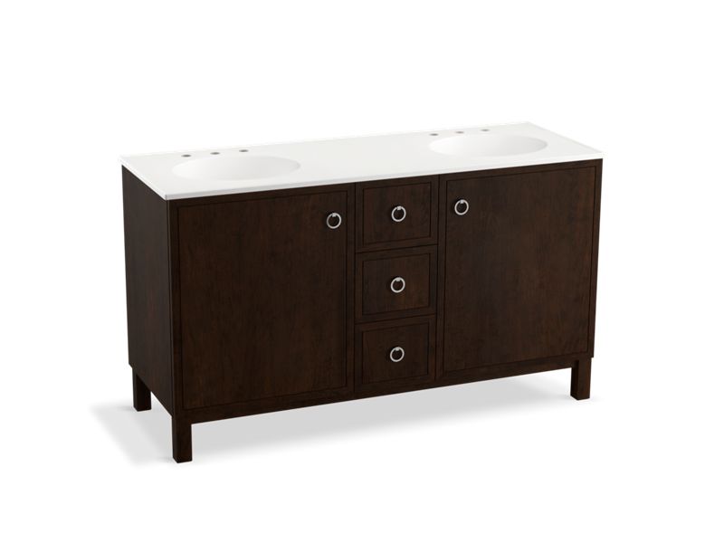 KOHLER K-99511-LGSD-1WB Jacquard 60" bathroom vanity cabinet with furniture legs, 2 doors and 3 drawers, split top drawer