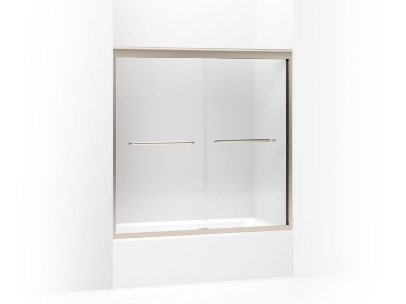 KOHLER 702205-L-ABV Fluence Sliding Bath Door, 58-5/16" H X 56-5/8 - 59-5/8" W, With 3/8" Thick Crystal Clear Glass in Anodized Brushed Bronze