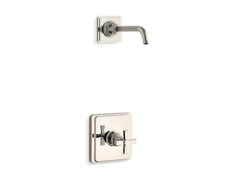 KOHLER TLS13134-3B-SN Pinstripe Rite-Temp Shower Trim Set With Cross Handle, Less Showerhead in Vibrant Polished Nickel