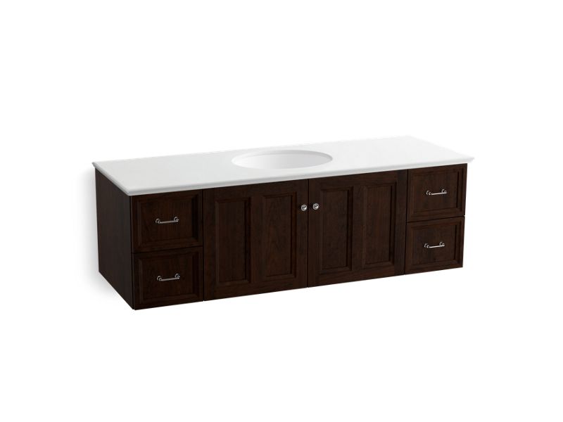 KOHLER K-99523-SD-1WB Damask 60" wall-hung bathroom vanity cabinet with 2 doors and 4 drawers, split top drawer
