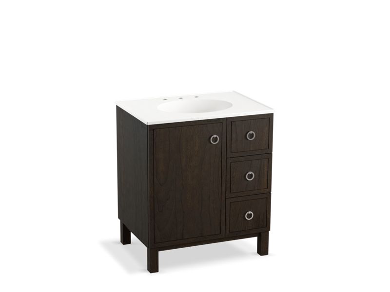 KOHLER K-99504-LGR-1WC Jacquard 30" bathroom vanity cabinet with furniture legs, 1 door and 3 drawers on right