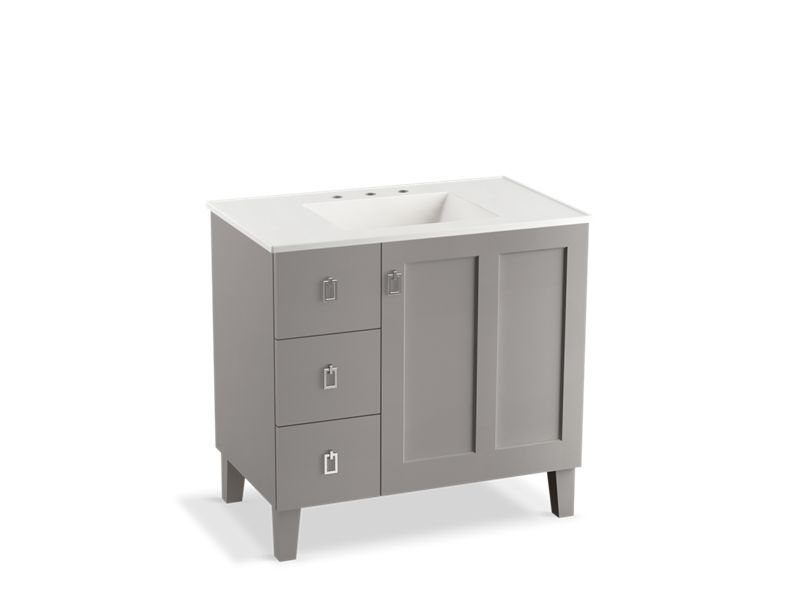 KOHLER K-99533-LGL-1WT Poplin 36" bathroom vanity cabinet with legs, 1 door and 3 drawers on left