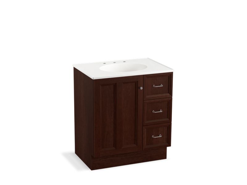 KOHLER K-99517-TKR-1WG Damask 30" bathroom vanity cabinet with toe kick, 1 door and 3 drawers on right