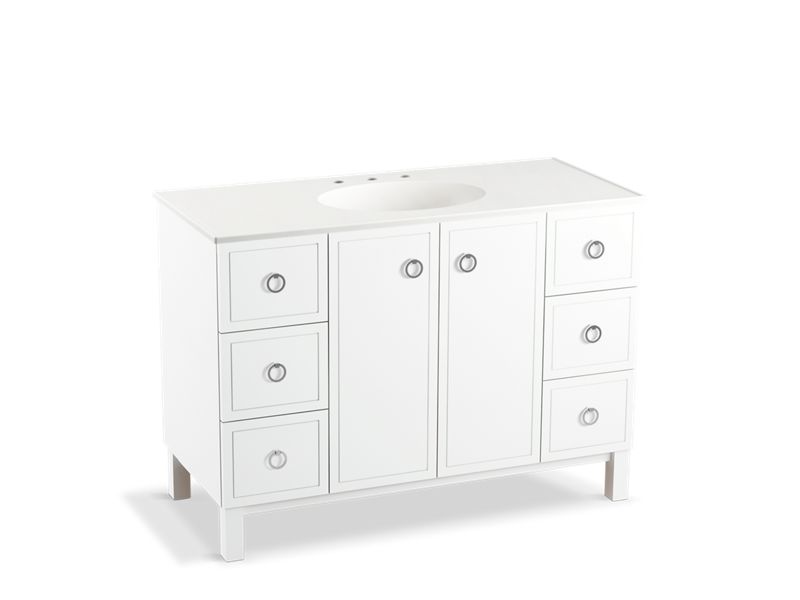 KOHLER K-99509-LGSD-1WA Jacquard 48" bathroom vanity cabinet with furniture legs, 2 doors and 6 drawers, split top drawers