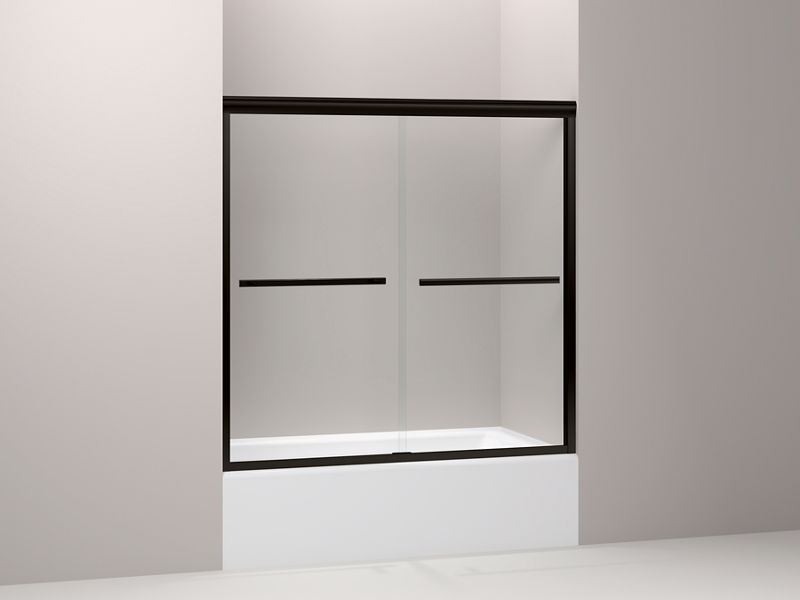 KOHLER 709062-L-ABZ Gradient Sliding Bath Door, 58-1/16" H X 59-5/8" W, With 1/4" Thick Crystal Clear Glass in Anodized Dark Bronze