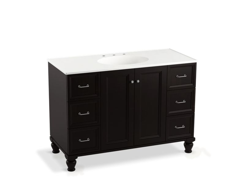 KOHLER K-99522-LGSD-1WU Damask 48" bathroom vanity cabinet with furniture legs, 2 doors and 6 drawers, split top drawers