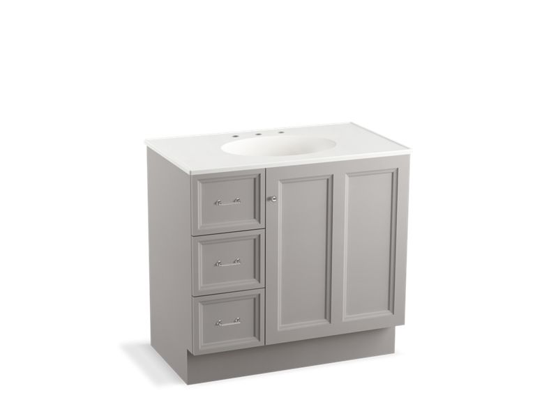 KOHLER K-99520-TKL-1WT Damask 36" bathroom vanity cabinet with toe kick, 1 door and 3 drawers on left