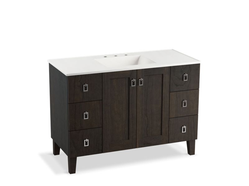KOHLER K-99535-LGSD-1WC Poplin 48" bathroom vanity cabinet with legs, 2 doors and 6 drawers, split top drawers