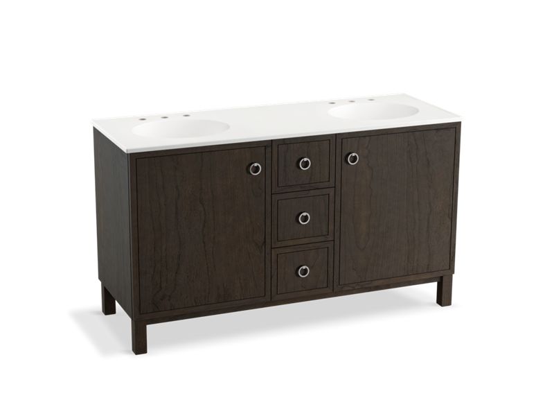 KOHLER K-99511-LGSD-1WC Jacquard 60" bathroom vanity cabinet with furniture legs, 2 doors and 3 drawers, split top drawer