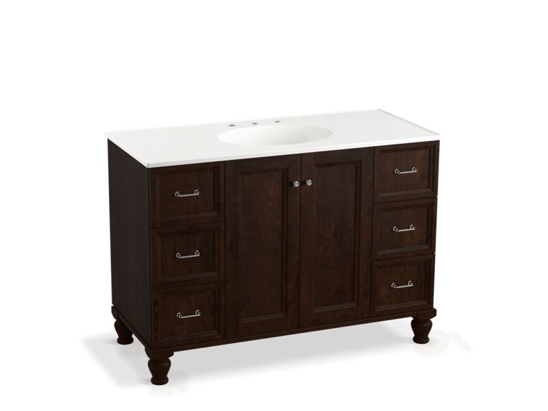 KOHLER K-99522-LGSD-1WB Damask 48" bathroom vanity cabinet with furniture legs, 2 doors and 6 drawers, split top drawers