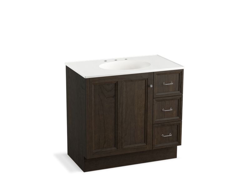 KOHLER K-99520-TKR-1WC Damask 36" bathroom vanity cabinet with toe kick, 1 door and 3 drawers on right