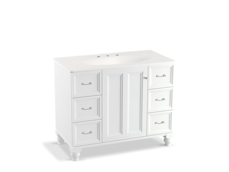 KOHLER K-99563-LG-1WA Damask 42" bathroom vanity cabinet with furniture legs, 1 door and 6 drawers