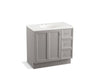 KOHLER K-99520-TKR-1WT Damask 36" bathroom vanity cabinet with toe kick, 1 door and 3 drawers on right