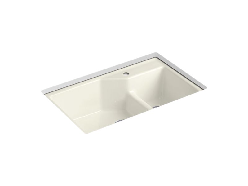 KOHLER K-6411-1 Indio 33" x 21-1/8" x 9-3/4" Smart Divide undermount large/small double-bowl workstation kitchen sink with single faucet hole