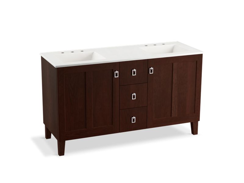 KOHLER K-99537-LGSD-1WG Poplin 60" bathroom vanity cabinet with legs, 2 doors and 3 drawers, split top drawer