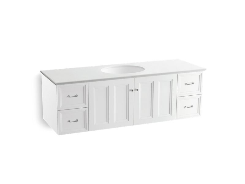 KOHLER K-99523-SD-1WA Damask 60" wall-hung bathroom vanity cabinet with 2 doors and 4 drawers, split top drawer