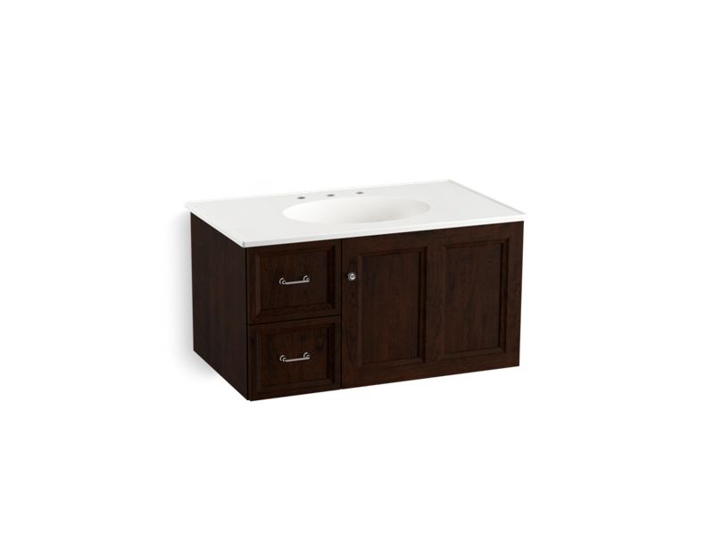 KOHLER K-99520-L-1WB Damask 36" wall-hung bathroom vanity cabinet with 1 door and 2 drawers on left