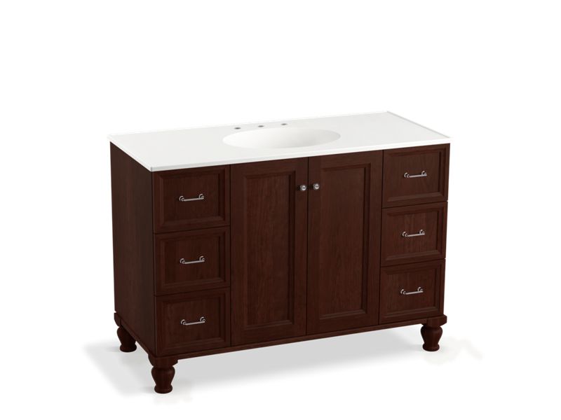 KOHLER K-99522-LGSD-1WG Damask 48" bathroom vanity cabinet with furniture legs, 2 doors and 6 drawers, split top drawers