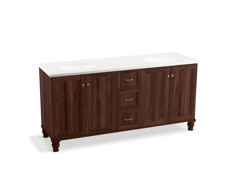 KOHLER K-99525-LG-1WE Damask 72" bathroom vanity cabinet with furniture legs, 4 doors and 3 drawers