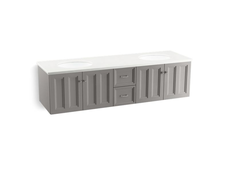 KOHLER K-99525-SD-1WT Damask 72" wall-hung bathroom vanity cabinet with 4 doors and 2 drawers, split top drawer