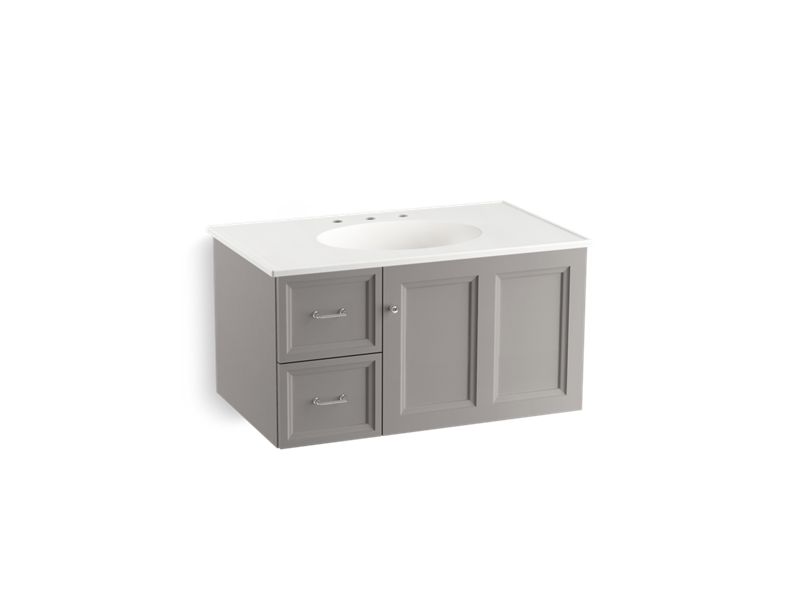 KOHLER K-99520-L-1WT Damask 36" wall-hung bathroom vanity cabinet with 1 door and 2 drawers on left