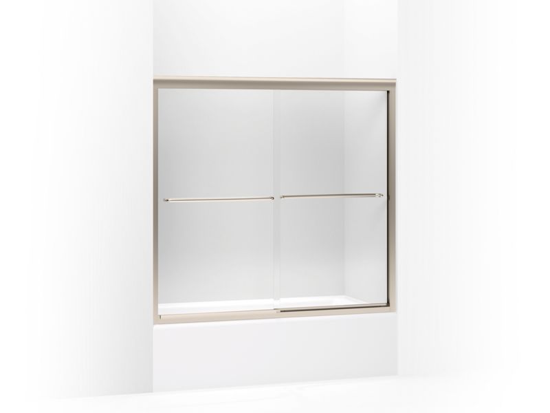 KOHLER 702204-L-ABV Fluence Sliding Bath Door, 55-3/4" H X 56-5/8 - 59-5/8" W, With 1/4" Thick Crystal Clear Glass in Anodized Brushed Bronze