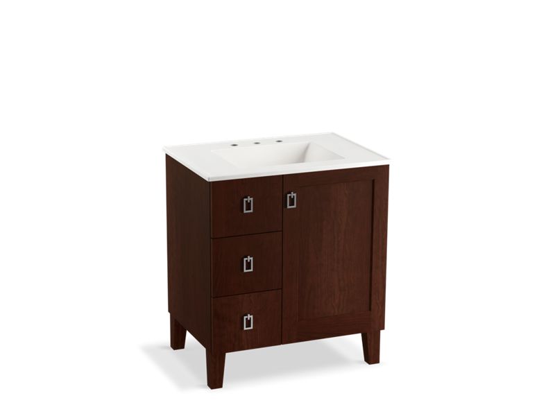 KOHLER K-99530-LGL-1WG Poplin 30" bathroom vanity cabinet with legs, 1 door and 3 drawers on left