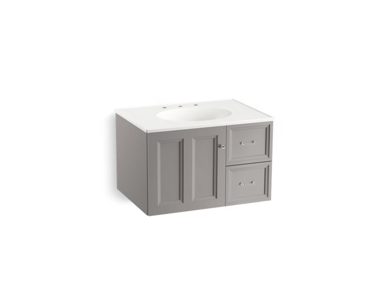 KOHLER K-99517-R-1WT Damask 30" wall-hung bathroom vanity cabinet with 1 door and 2 drawers on right