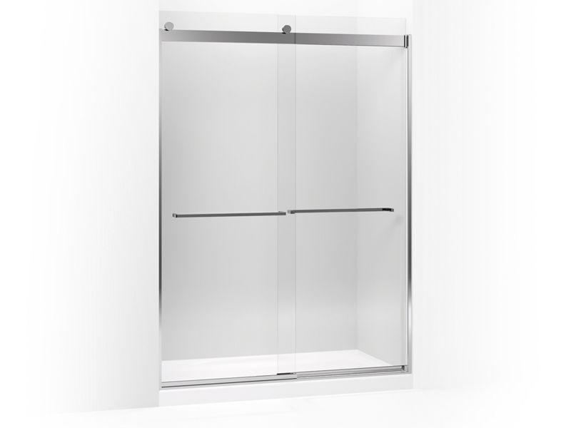 KOHLER 706019-L-SHP Levity Sliding Shower Door, 82" H X 56-5/8 - 59-5/8" W, With 3/8" Thick Crystal Clear Glass And Square Towel Bar in Bright Polished Silver